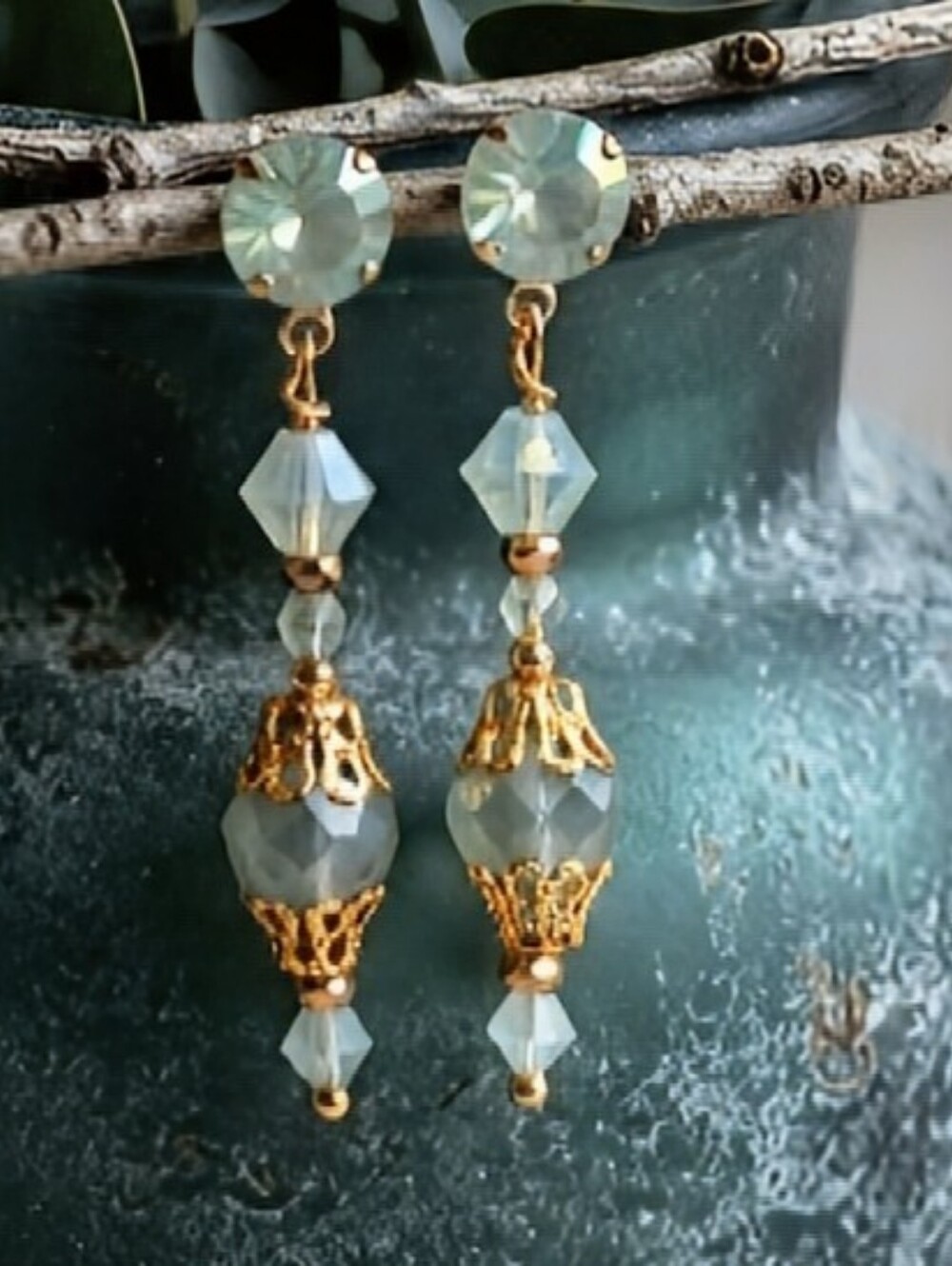 Victorian Delicate & Dainty Eucalyptus Green Opal Swarovski & Glass GP Earrings